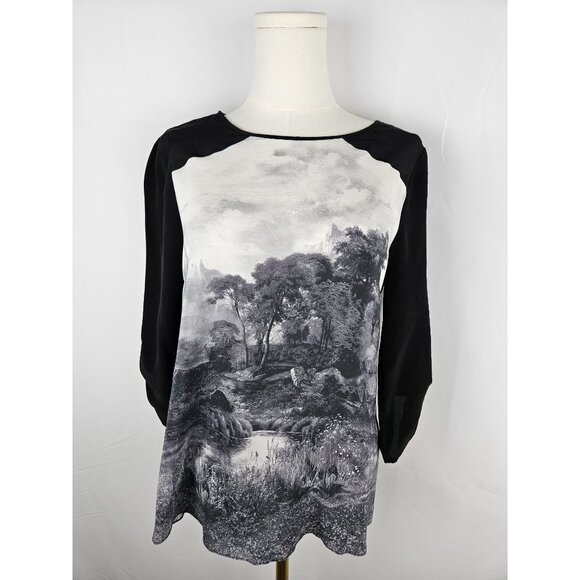 BCBGMaxAzria Silk Addy Blouse Sz. Small Landscape Print Artsy Art To Wear B&W - Picture 1 of 12
